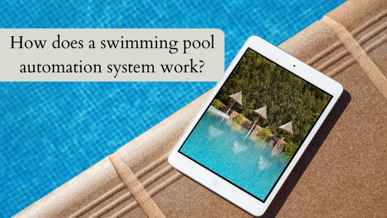 The picture shows a tablet PC sitting next to the edge of a pool. The tablet shows the picture of a pool