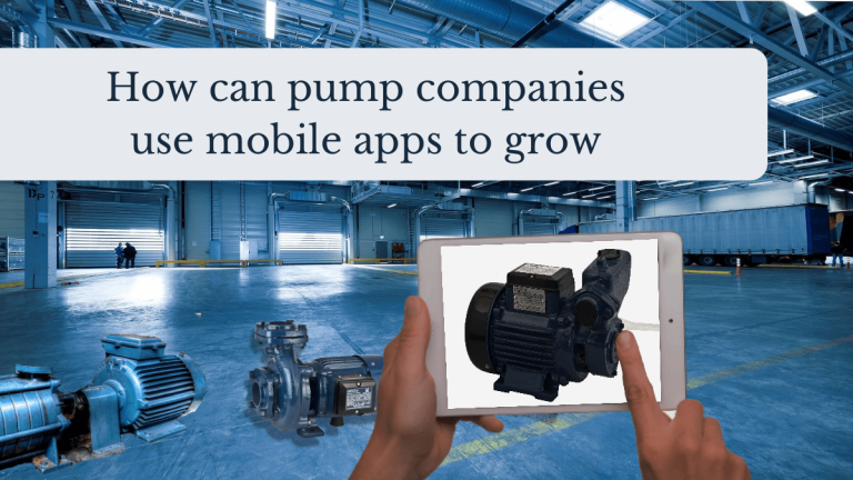 The image shows the POV of someone looking at a water pump on a mobile app. In the background, you can see a warehouse with multiple pump sets lying in the background