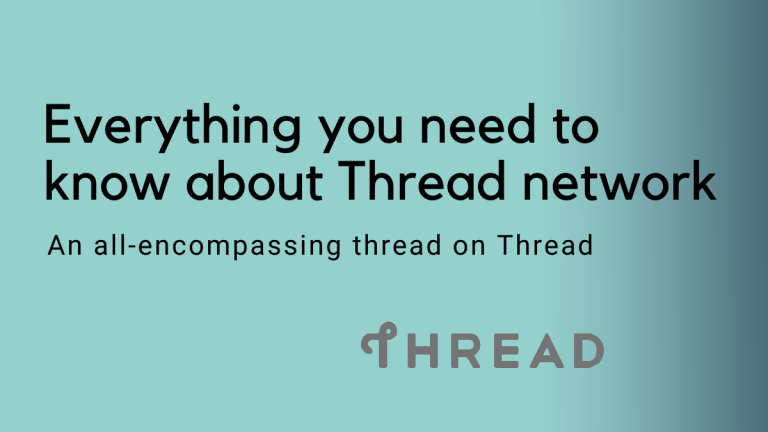 The text has a light blue to black gradient background. The text reads "Everything you need to know about Thread network" and a subheading that reads "An all encompassing thread on Thread" The logo of Thread is shown at the bottom right corner of the image