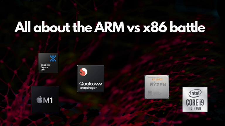 The text says "All about the ARM vs x86 battle". The image has a dark red theme. Pictures of ARM and x86 chips are shown in the image