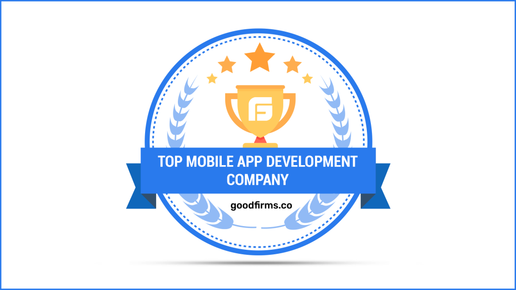 The text says "Top mobile app development company." The image looks like a badge, with a blue theme and a trophy in the background