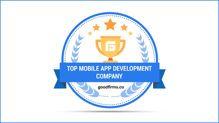 The text says "Top mobile app development company." The image looks like a badge, with a blue theme and a trophy in the background