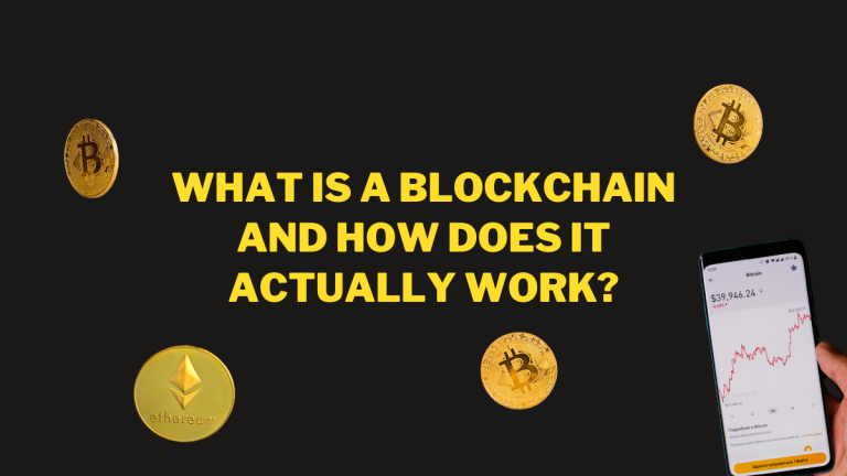 The text reads "What is a blockchain and how does it actually work?" The image has a black background, and shows depictions of Bitcoin and Ethereum. On the right hand side a smartphone screen can be seen showing a graphic describing the fluctuation of various cryptocurrencies