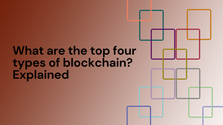 Text reads "What are the four different types of blockchain?" The image has a red gradient background and on the left side a set of interconnected rectangles are shown.