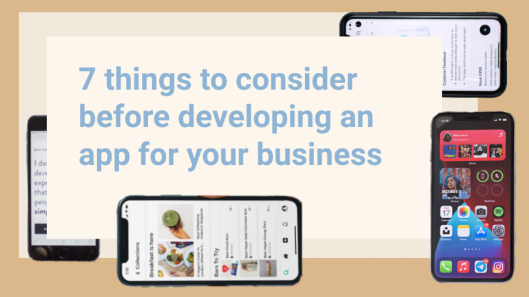 The text reads: "7 things to consider before developing a mobile app for your business."